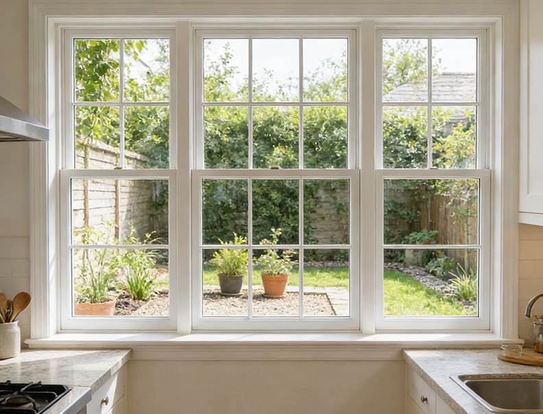 A double-hung window above the sink allows easy handle access