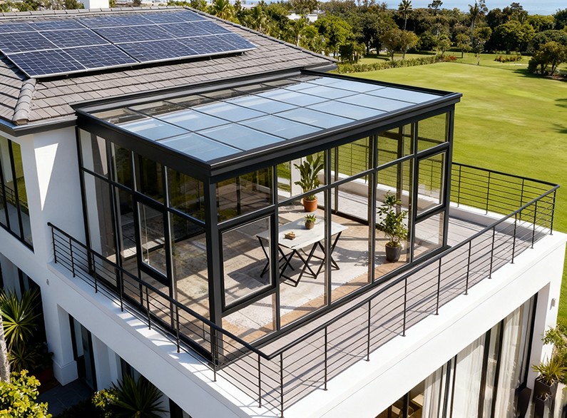 Energy-efficient aluminum sunroom with Low-E safety glass panels