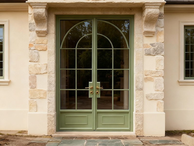 Aluminum French swing doors provide secure seamless indoor-outdoor access