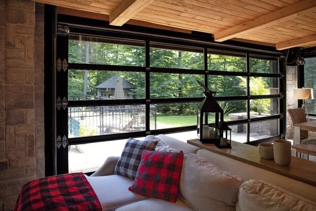 Custom garage doors with premium frames, privacy glass, and security