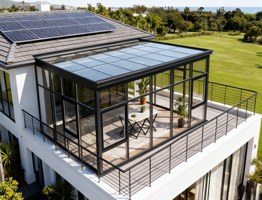 Luxury aluminum sunroom with smart shading and natural ventilation