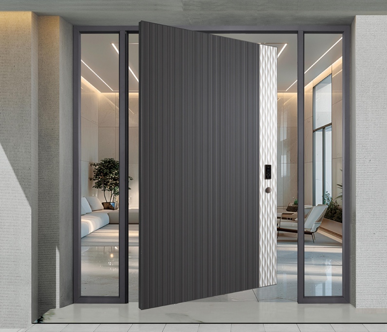 High-performance aluminum pivot door with thermal and security engineering