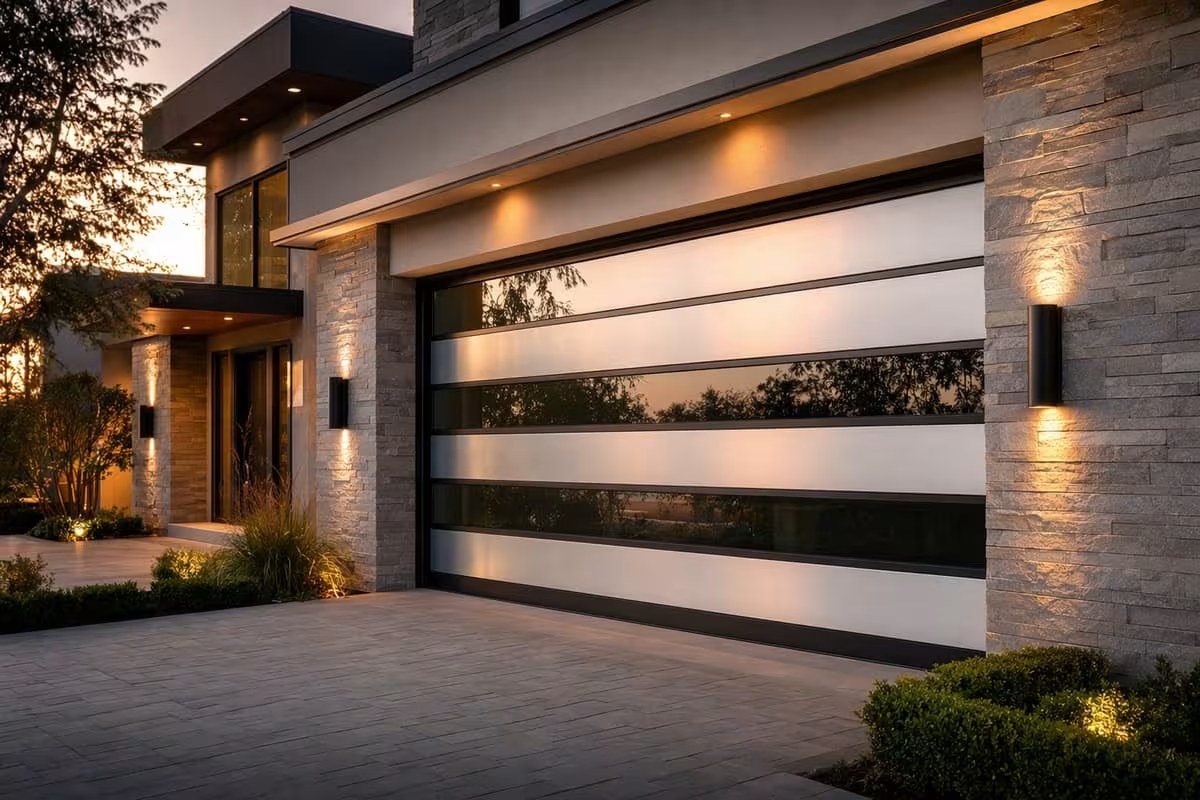 Slim aluminum garage door with premium hardware and glass panels