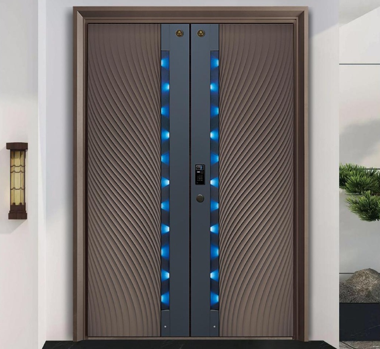 Flush aluminum front door with integrated LED accents