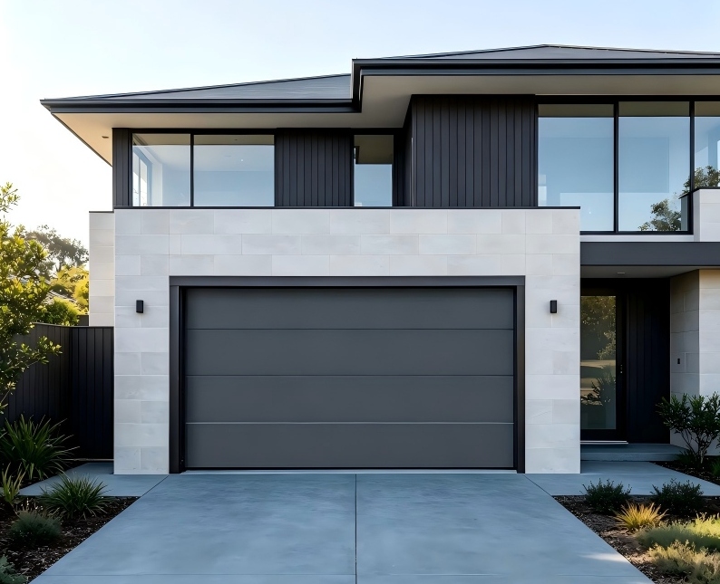 Thermal break aluminum garage door with insulated glazing and seals