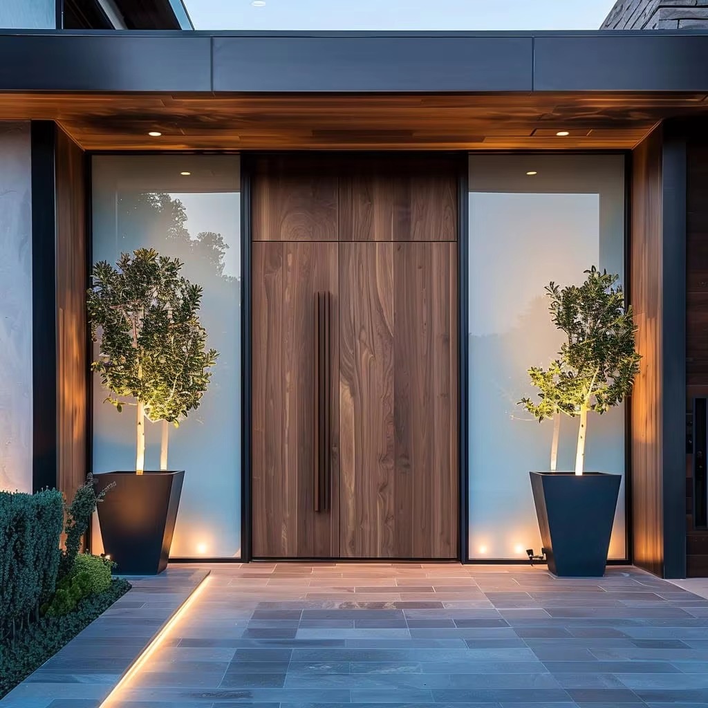 Wood grain aluminum front door with low-maintenance finish
