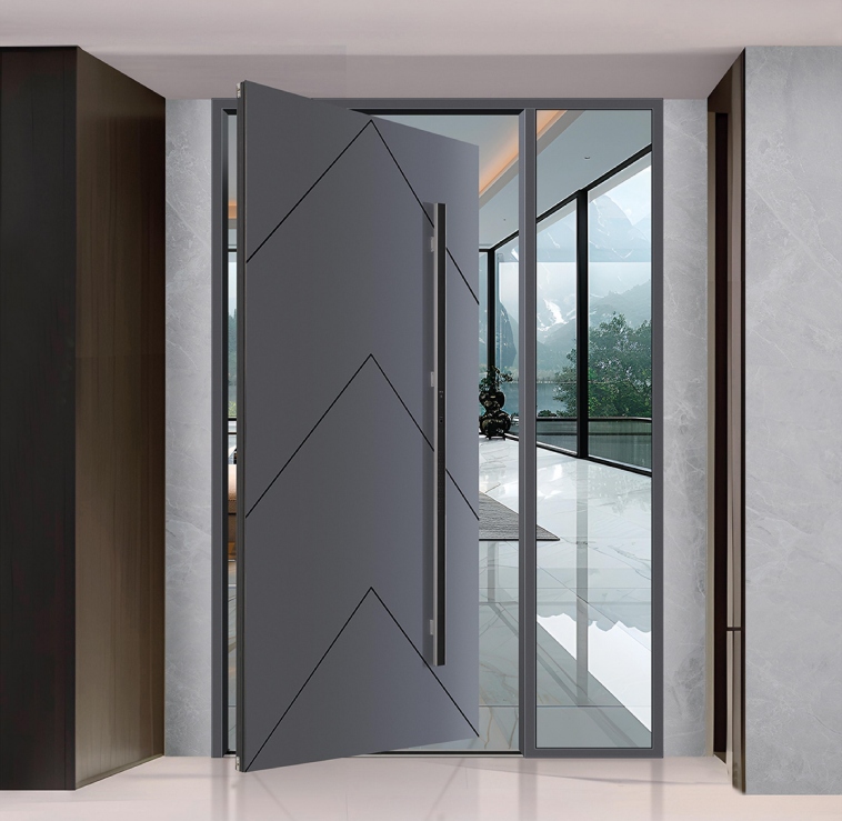 Luxury aluminum pivot door with thermal security performance